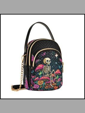 Quilted Crossbody Bag Chain Strap Convertible Handbag Goth Skull Travel Purse